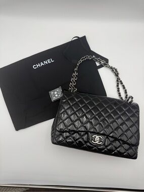 CHANEL Black Quilted Patent Leather Double Flap Jumbo Bag with Chain